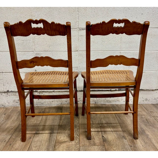 Antique Carved Walnut Ladderback Cane Seat Carved Dining Chairs - Pair For Sale - Image 10 of 11