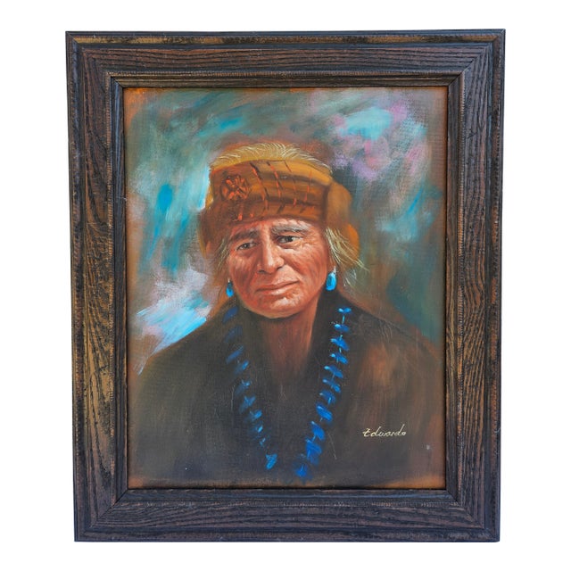 Native American Portrait Painting on Canvas -Signed For Sale