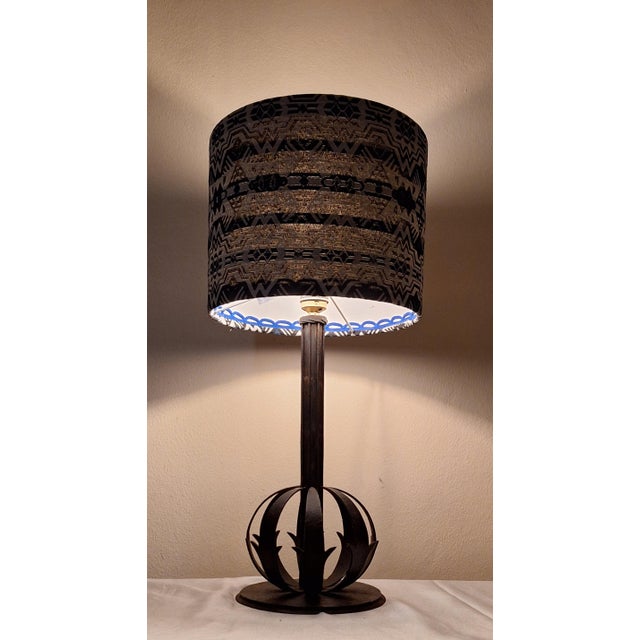 1960s German Table Lamp with Black Wrought Iron Base and Fabric Shade, 1960s For Sale - Image 5 of 9