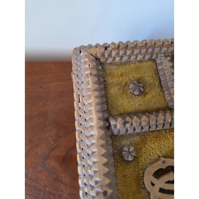 Antique Tramp Art Box Hand Carved Folk Art Keepsake Box Monogram R Velvet Jewelry Box Primitive Wooden Storage Decor For Sale - Image 12 of 15