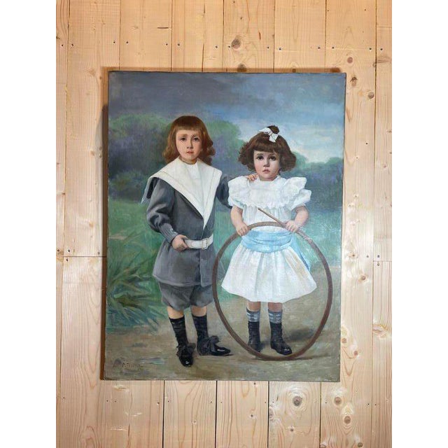 Gold Cyprien Boulet, Portrait of Children, Oil on Canvas For Sale - Image 8 of 8