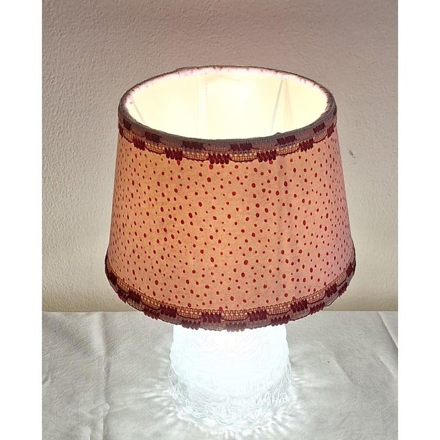 Vintage Table Lamp with Frosted Relief Glass Base and Pink Fabric Shade, 1970s, in Very Good conditions. Designed 1970 to...