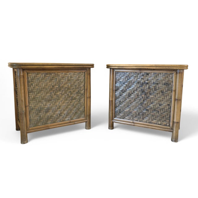 Vintage Coastal Rattan & Bamboo Nightstands - A Pair For Sale - Image 4 of 12
