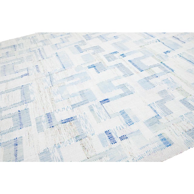 Ivory Contemporary Abstract Kilim Flatweave Wool Rug in Ivory and Blue For Sale - Image 8 of 10