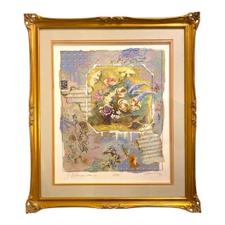 Late 20th Century Alexander & Wissotzky Art Print Serigraph Floral Roses Music French Gold Frame Signed Art For Sale