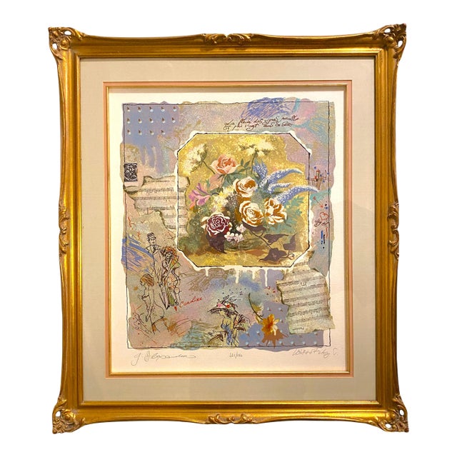 Late 20th Century Alexander & Wissotzky Art Print Serigraph Floral Roses Music French Gold Frame Signed Art For Sale