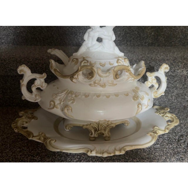 Rococo Vintage Capelli Porcelain Cherub Covered Centerpiece With Matching Underplate | Rococo Floral Tureen | Victorian Decor For Sale - Image 3 of 7