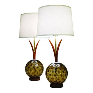 1960s Matched Pair XL Tiki Modern Pineapple Sculpture Glass Globe Walnut Table Lamps Witco For Sale