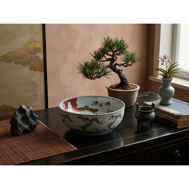 9.5" Asian Style Longevity Cranes Cloud Painted Porcelain Art Bowl For Sale - Image 4 of 14