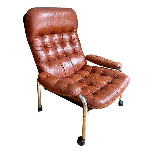 Leather Lounge Chair on Wheels, Sweden, 1970s For Sale
