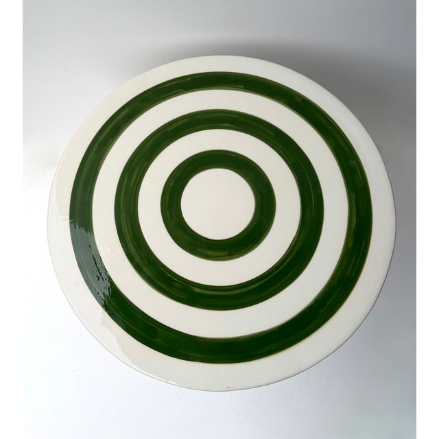 Pair of green and white stripe decor ceramic terracotta side end low coffee cocktail bedside tables or nightstands....