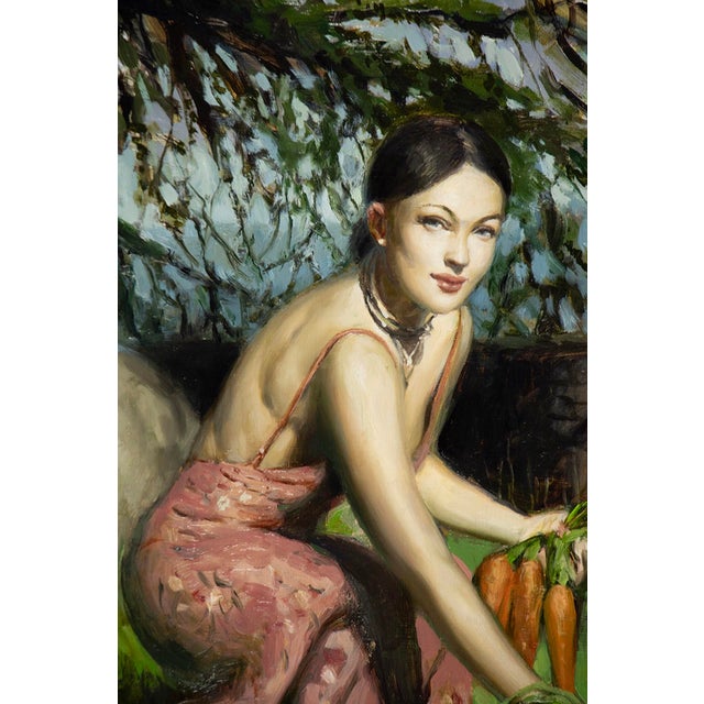 The painting depicts a woman in a soft pink dress, kneeling in a lush green field, holding freshly harvested carrots. The...