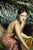 The painting depicts a woman in a soft pink dress, kneeling in a lush green field, holding freshly harvested carrots. The...