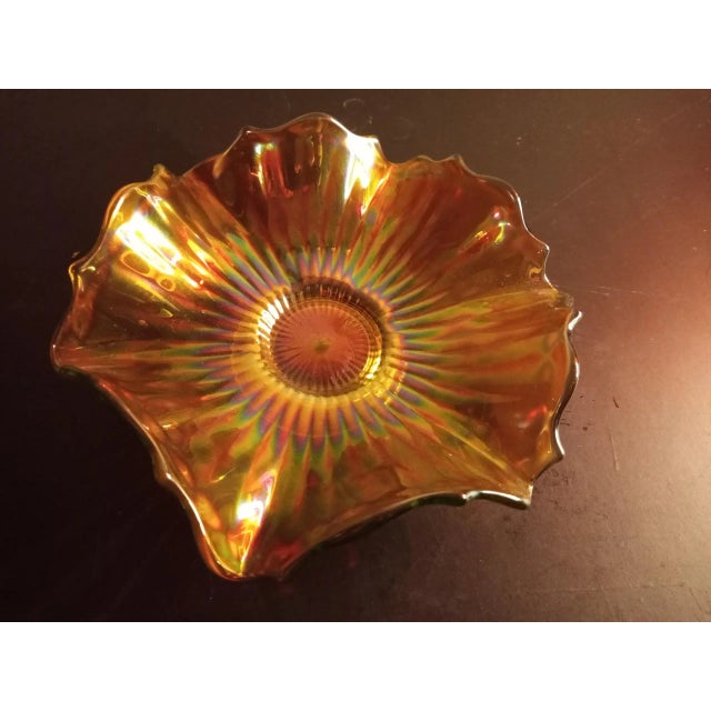 1960s 1960s Fenton Smooth Rays Green Carnival Footed Bon Bon Bowl For Sale - Image 5 of 7