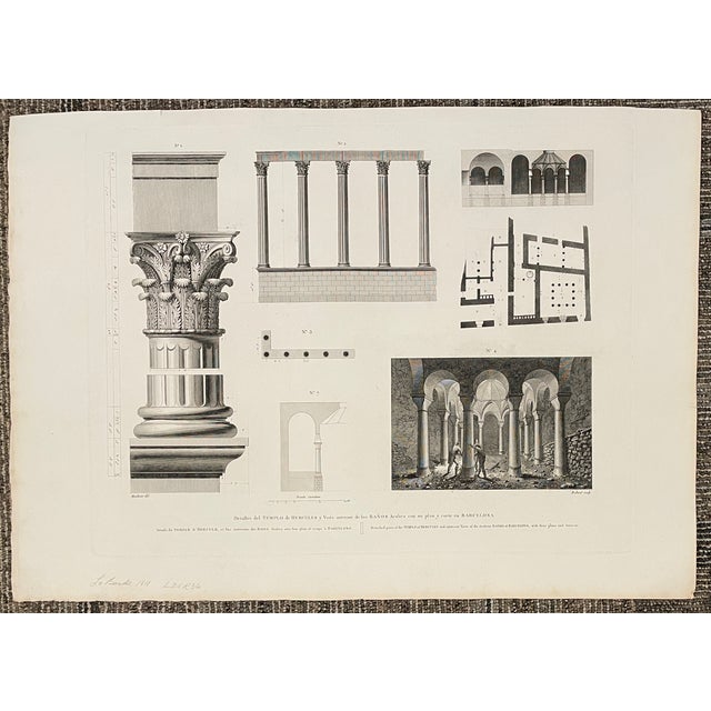 Alexandre de Laborde (1773-1842) antique architectural engraving of the Temple of Hercules and Baths at Barcelona. Circa...