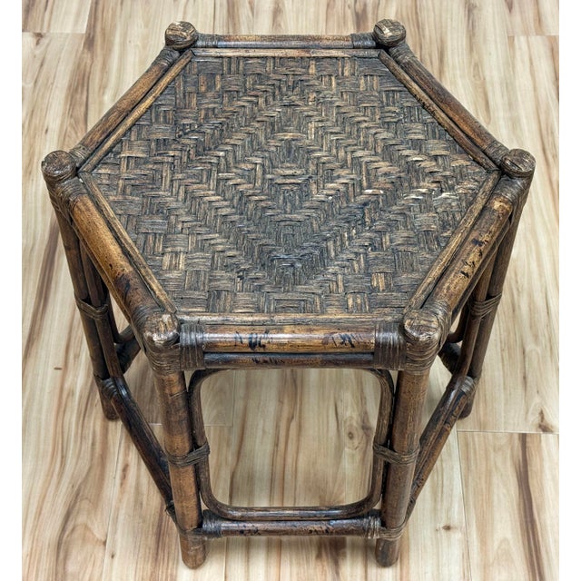 Vintage Hexagonal Rattan and Woven Wicker Side Table For Sale - Image 4 of 7