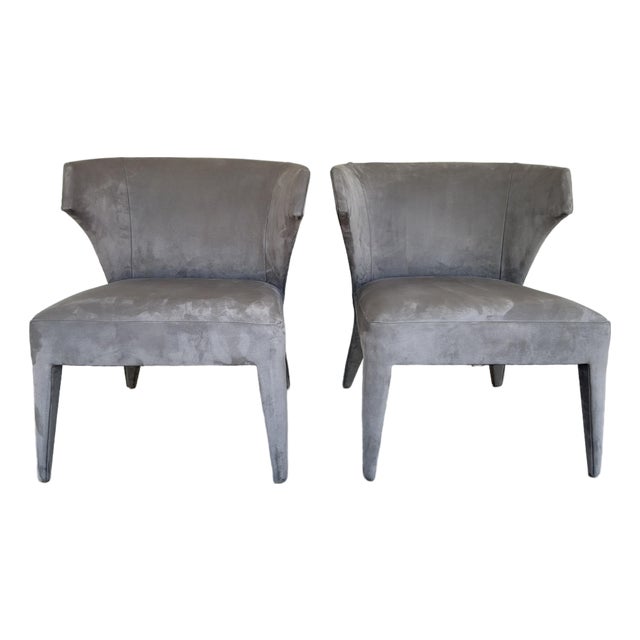 Baker Modern Gray Suede Lapel Lounge Chairs Set of 2 For Sale