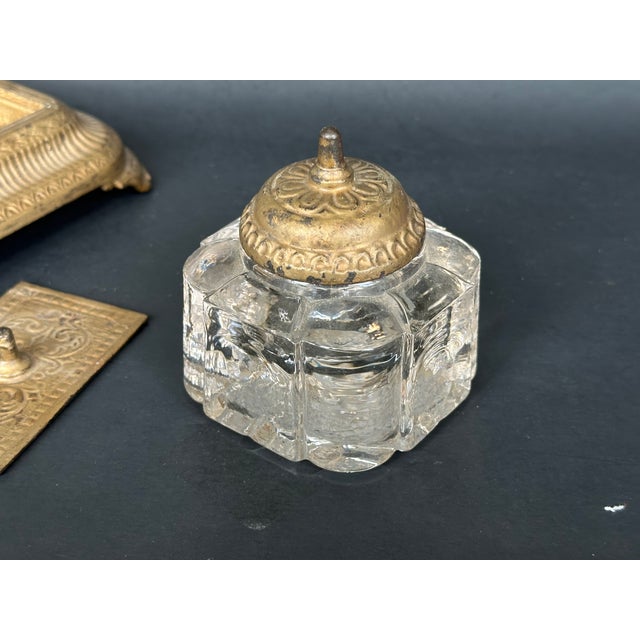Brass Victorian Desk Accessories Brass Pen Rack Holder With Glass Ink and Postage Stamp Compartment For Sale - Image 8 of 16