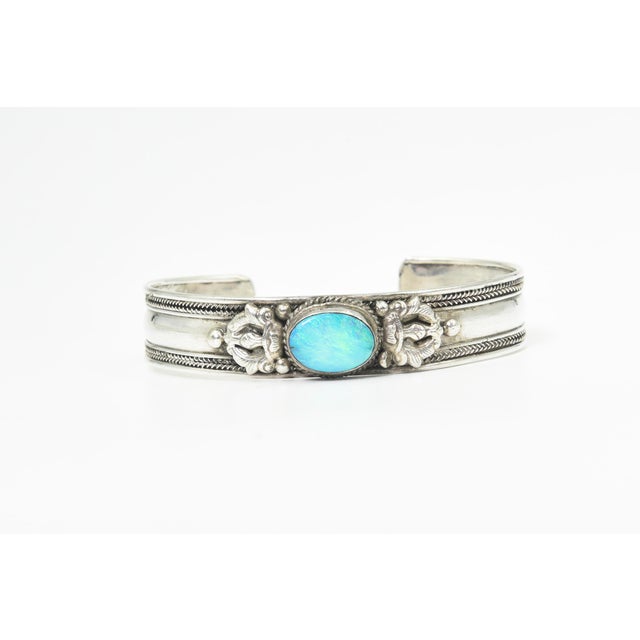 Tribal Late 20th Century Opal Sterling Silver Cuff Bracelet For Sale - Image 3 of 10