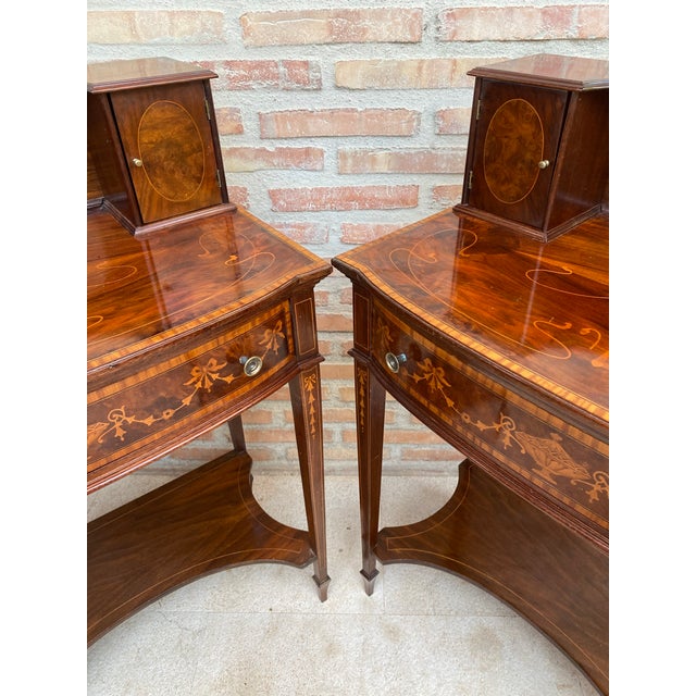1940s Pair of Neoclassical Marquetry Bedside Tables With Drawers and Upper Compartment For Sale - Image 16 of 18