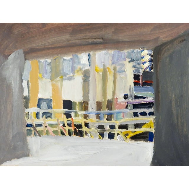 Mid-Century Modern Mid Century Abstract Gray & Yellow Cityscape View Painting For Sale - Image 3 of 3