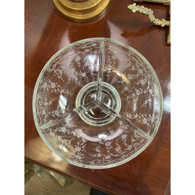 Cambridge Glass Co. "Chantilly" 10" Divided Etched Glass Bowl, With Wallace Sterling Silver Foot, C. 1950's For Sale - Image 9 of 9