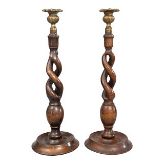 Antique English Oak Open Barley Twist Candlesticks - a Pair For Sale