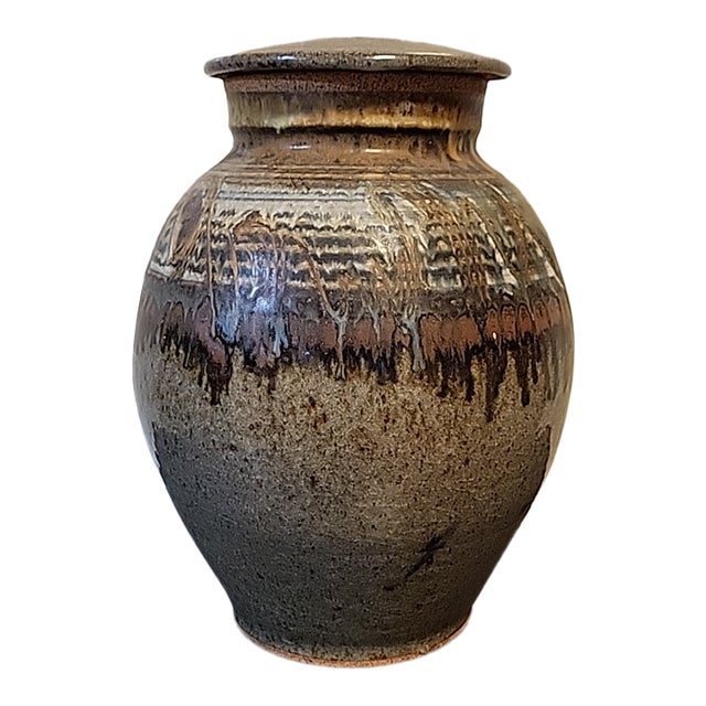 Vintage MCM Studio Art Pottery Lidded Drip Glazed For Sale