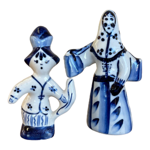 Vintage Blue and White Porcelain Figurine Pair, Hand-Painted Folk Figures