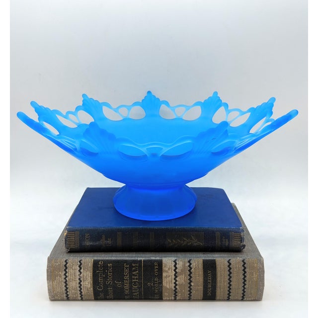 MidCentury Westmoreland Frosted Blue Glass Filigree Pedestal Bowl