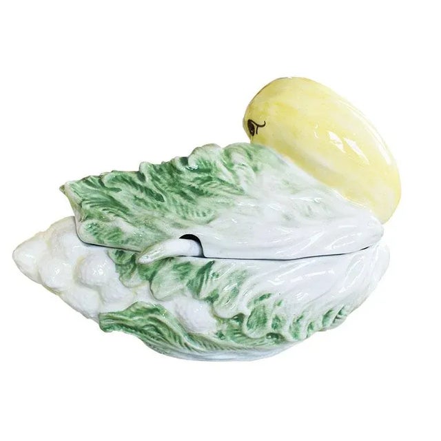 Mid-Century Modern Italian Majolica Duck or Goose Cabbage and Cauliflower Tureen With Lid and Ladle - Italy For Sale - Image 3 of 5
