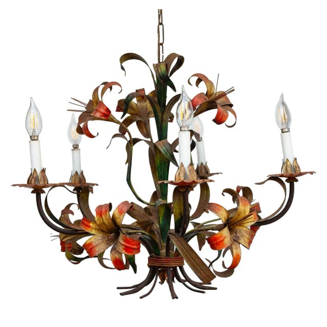 1950s 1950s Italian Tole Lilly 5 Light Chandelier For Sale - Image 5 of 11