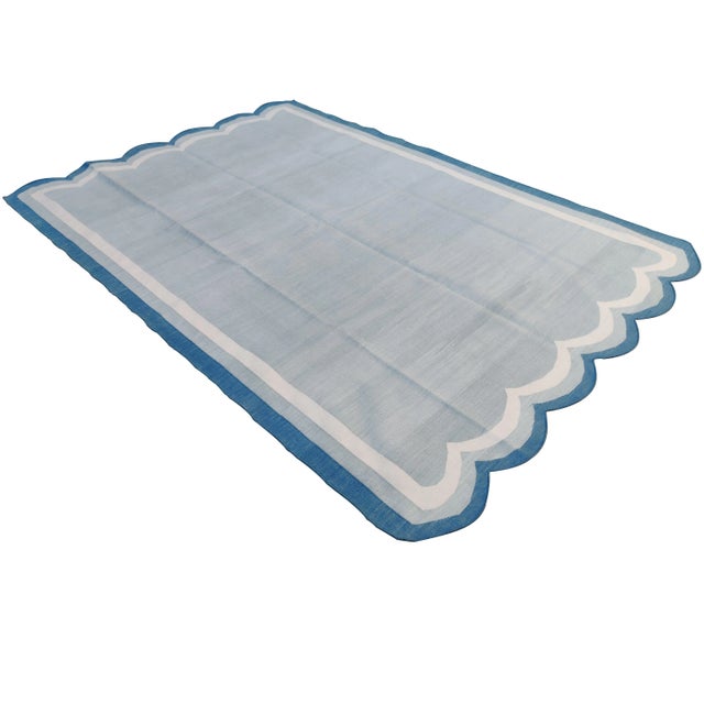 Gray Handmade Cotton Scalloped Rug, Grey with Cream and Blue Border 8'x10' For Sale - Image 8 of 8