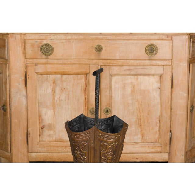 Metal English 1920-1930 Brass Umbrella Stand with Raised Motifs and Tripartite Base For Sale - Image 7 of 11