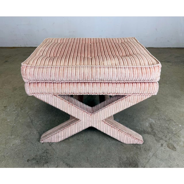 1970s Pair of 1970’s Billy Baldwin Style X Base Upholstered Benches / Ottomans / Stools For Sale - Image 5 of 12
