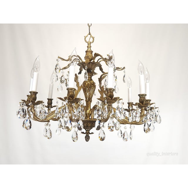 1950s Antique 10 Arm Big Brilliant Bold Beautiful Brass Cut Lead Crystal Chandelier For Sale - Image 5 of 12