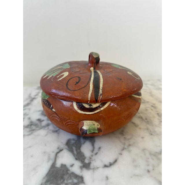 Hand Painted Mexican Terracotta Bowl With Lid Stamped Made in Mexico For Sale - Image 4 of 12