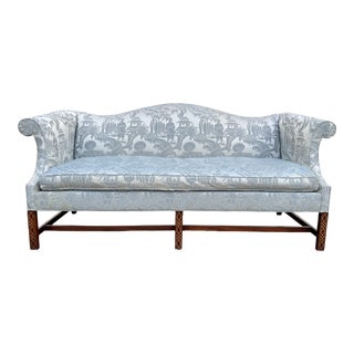 Mid 20th Century Vintage Southwood Hickory Blue Chinoiserie Camelback Sofa For Sale