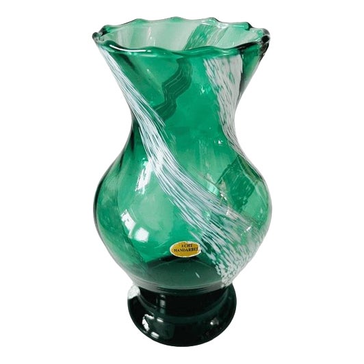 Mid-Century German Green and White Hand-Blown Glass Vase, 1960s For Sale