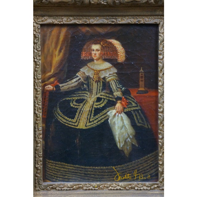 Late 20th Century Late 20th Century Portrait of Queen Mariana of Austria Oil Painting After Diego Velazquez 28" For Sale - Image 5 of 12