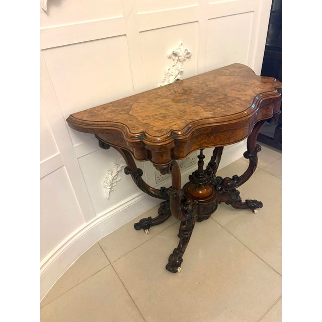 Antique Victorian Burr Walnut Card or Console Table with Carved Basket Base, 1850 For Sale - Image 11 of 16