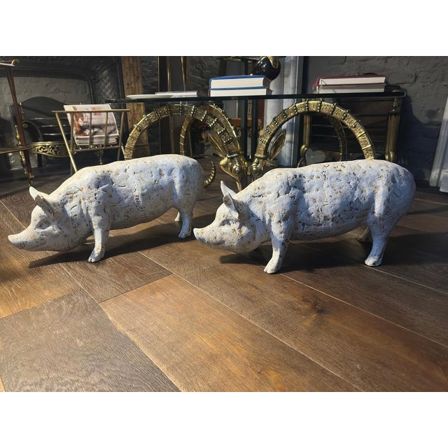 Painted White Cast Iron Pigs, Set of 2 For Sale - Image 14 of 15