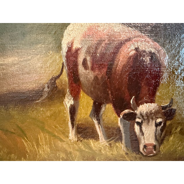 Rustic European Antique Oil Painting on Canvas Cows Farm Landscape Pastoral Scene Signed Framed For Sale - Image 3 of 15