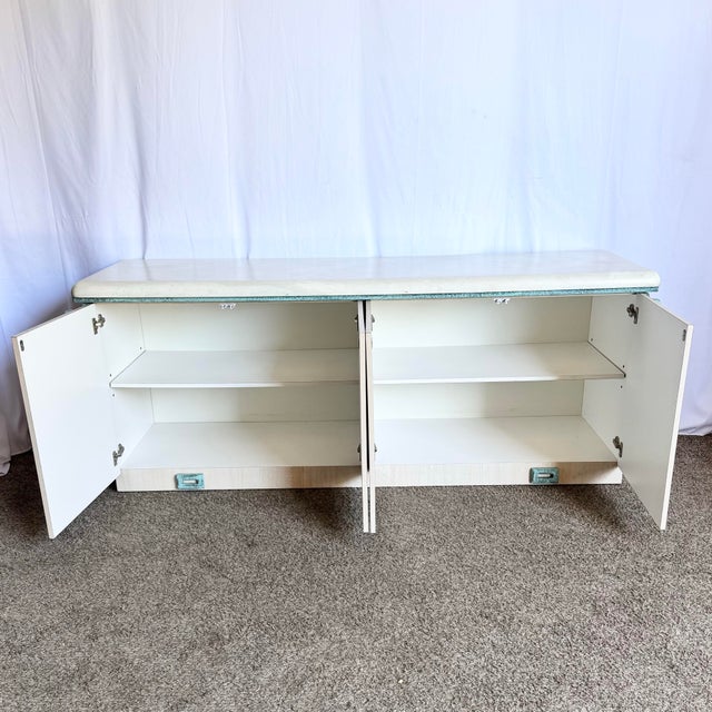 Postmodern Beige Wood Grain Laminate Credenza With Tribal Turquoise Metal Accents For Sale - Image 4 of 12
