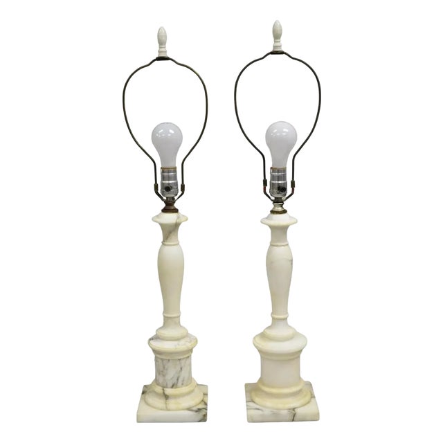 Vintage Italian Classical Carved White Marble Column Table Lamps - A Pair For Sale