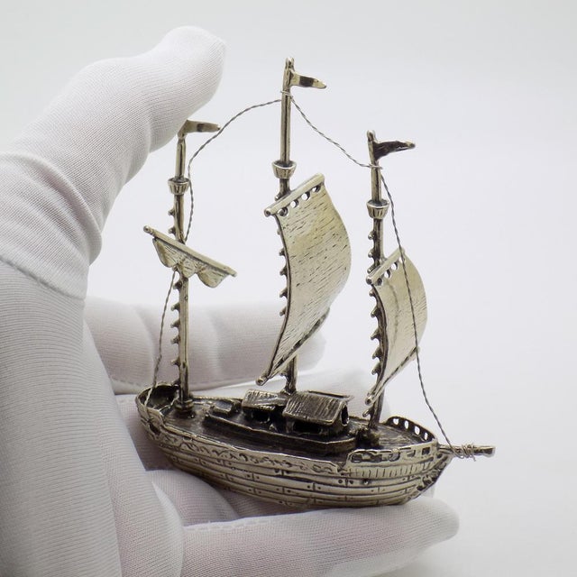 Imposing vintage sculpture depicting a sailing galleon, handcrafted in Italy between the 1980s and 1990s (later engraved...