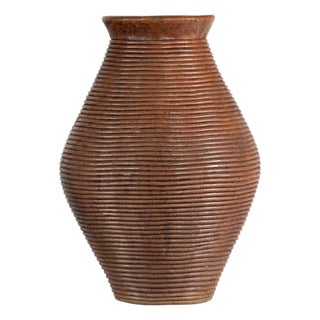 Ribbed Vintage Pottery Vase With Burnished Surface For Sale