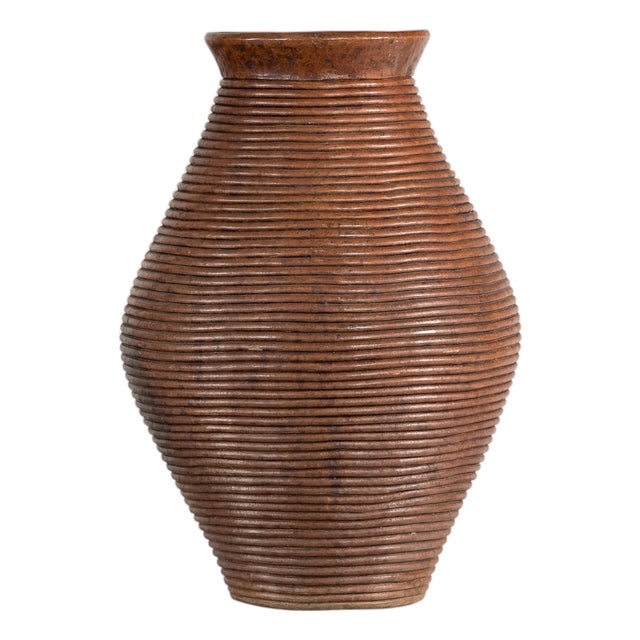Ribbed Vintage Pottery Vase With Burnished Surface For Sale