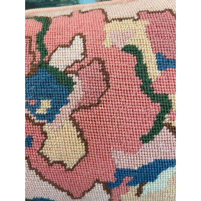 Handmade Needlepoint Floral Pillow With Pink Corduroy Backing - Accent Cushion, Made in Seattle For Sale - Image 4 of 9