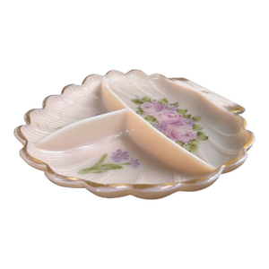 Hand-Painted Cambridge Glass Three-Section Floral Relish Dish With Gilt Accents